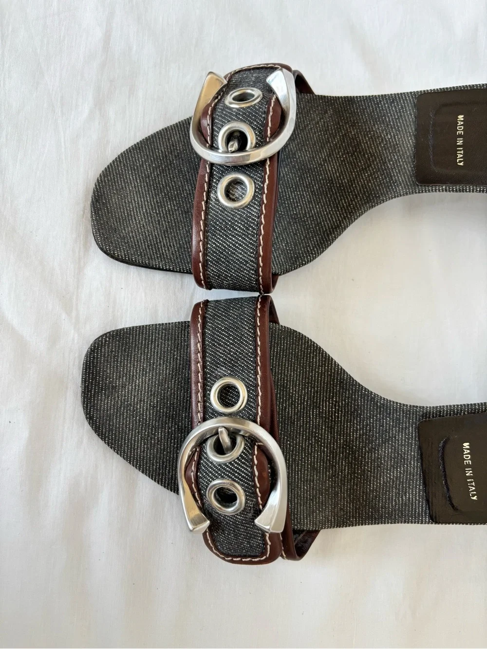 PRADA VINTAGE Silver Buckle Dark Blue Denim Leather Slide Sandals IT Size 38 1/2